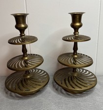 Antique Arts & Crafts MCM Minimalist Swirl Cut Out Pair of Brass Candlesticks picture