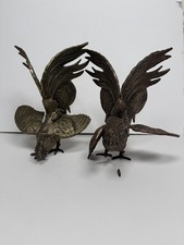 Pair of Vintage Rare Brass Fighting Roosters Cocks 8” Green Eyes Heavy Figurine picture