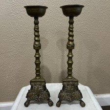 VTG Brass Candle Holders Set Lion Footed 14” Tall Heavy Altar picture
