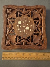 ORANTE CARVED WOOD WOODEN FOOTED FLOWER LEAF INLAY TRIVET HOT PAD HOLDER INDIA picture