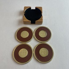 Set of 4 Vintage Solid Brass Black Leather Coasters SFE Spain Felt Bottom Drink picture