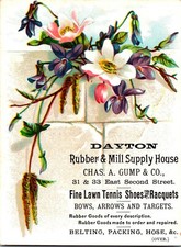 Vintage Beautiful Flowers Tennis Shoes & Racquets Victorian Trade Card Dayton,OH picture