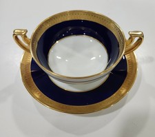 1800s Mintons porcelain/ 6 cream soup bowls with under plate In cobalt blue/gold picture