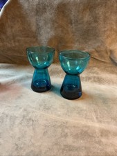 Vintage Morgantown glass peacock blue bud vase/candle holder pair MCM picture