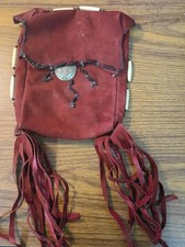 Vtg Taxco 925 Sterling Silver Suede Medicine Pouch Bag Black Onyx Beads Boho 501 picture