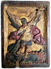 17th Cretan Archangel Michael icon Antique wood carved Greek Dated Museum Grade picture