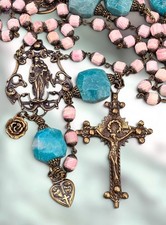 Crowned Mother Mary -The Life of Mary Rosary - Heirloom Bronze ,Pink Conch Shell picture