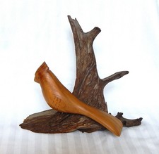 '81 Signed Randy Whaley Wood Carving Cardinal on Driftwood Base picture