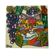 Vintage Claudia Sanchez Psychedelic Cat Ceramic Tile Wall Art Trivet Signed FLAW picture