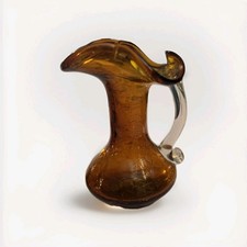 Amber Crackle Blown Glass Pitcher Vase Applied Handle 5