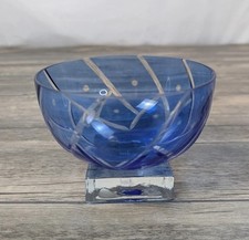 Vtg Cobalt Blue Cut To Clear Glass Bowl With Crystal Pedestal FTD 4.25