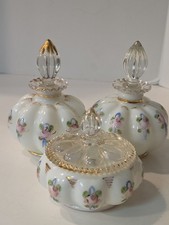 VTG Fenton Charlton Rose Milk Glass Perfume Bottles & Powder Box Hand Decorated picture