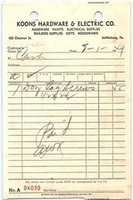 1949 Koons Hardware & Electric Co. Paid Invoice picture