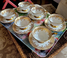 SALE Gorgeous Vtg Set of 6 Royal Stafford Gold Regent Teas + Saucers Pristine picture