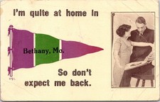 Bethany, MO Postcard 1913 I'm quite at home in Missouri Pennant Card Man & Girl picture