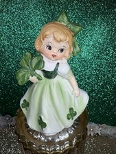 Vtg Lefton St Patricks Girl Holding Big Shamrock Clover Green Bow Figurine Japan picture