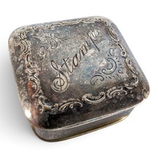Antique Silver-Plated Brass Stamp Box Victorian Ornate Decorative Pocket Case picture
