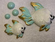 Vintage Anthropomorphic Chalkware Fish Mom/Baby Wall Plaques Nautical Decor -MCM picture