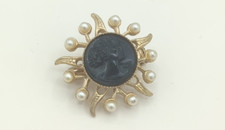 Vintage Round Cameo Face Pin W/Faux Pearl Costume Jewelry picture