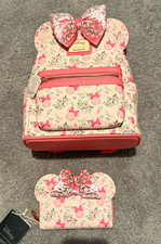 Loungefly Disney Minnie Mouse Pink White Floral Bow Mini Backpack & Wallet Set picture