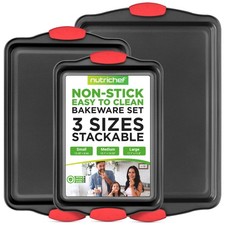 NutriChef 3‑Piece Nonstick Cookie Sheets – Carbon Steel 3-Piece Set, Black picture