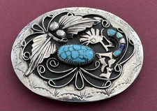 VTG Native American Signed BT Sterling Silver & Turquoise KOKOPELLI  Belt Buckle picture