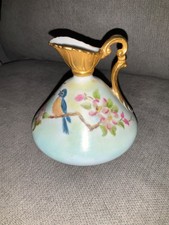 Vintage Ornate Blue Porcelain Hand Painted Bird Pitcher/Vase Signed picture