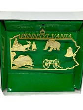 VTG Pennsylvania State Gold Metal Souvenir Ornament Liberty Bell Bear Boxed 3x2 picture