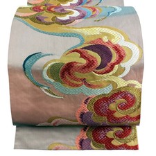 Pink Fukuro Obi Silk Cloud Pattern Foil Used Length 428 Width 31 picture