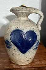 Vtg Rowe Pottery Works Salt-glazed Pottery Oil Jug/Lamp Heart Design w/Stopper picture