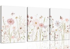 LQOZTBX 3Pcs Pink Wildflower Wall Art Botanical Floral Nursery Wall Decor Framed picture