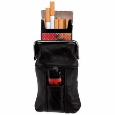 BLACK Genuine LEATHER LIGHTER & CIGARETTE CASE Smoke Tobacco Pocket Holder Pouch picture