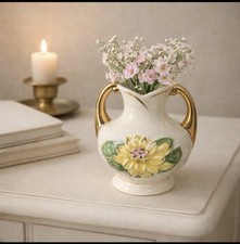 Vintage Hull Art Pottery Vase E 5½ – USA – Floral Hand-Painted Ceramic Gold Art picture