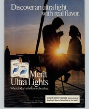 1987 Vintage Print Ad Merit Ulta Lights Cigarettes Sunset Smoking Couple Boat  picture