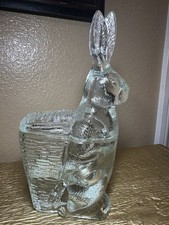 VTG 9.5” Clear Pressed Glass Bunny Rabbit Basket Covered Candy Dish Grannycore picture