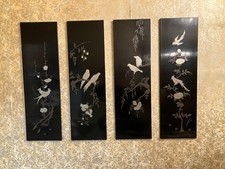 4 Vintage Asian Oriental Black Lacquer Wall Art Plaque Panels 26”L x 8”W x 1/2”D picture