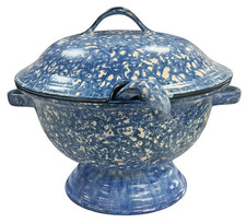 STANGL POTTERY SPONGEWARE BLUE 3-PIECE TUREEN WITH LID AND LADLE picture