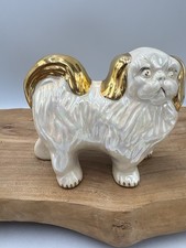 Vintage Porcelain Pekingese Dog Figurine White Gold Gilt Hand Painted picture