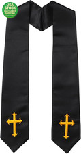 Clergy Stole Embroidered Cross Black Shiny Satin Church Sash 60 Inch Length picture