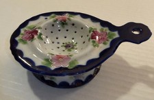 Vintage  Tea Strainer & Base Pink Flowers With Blue - Hand Painted picture