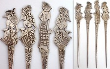 4 Antique Vtg Indonesian 800 Silver Cocktail Pick Set Wayang Kulit Shadow Puppet picture