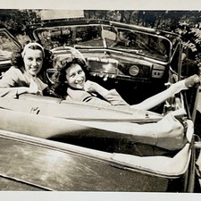 1940s Two Pretty Women Leg Up Convertible Car Fun Lesbian Interest Vtg Photo picture