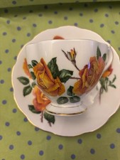 Queen Anne English Bone China Cup & Saucer Anniversary Rose Dark Yellow Roses picture