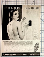 1937 COP-R-LOY Wheeling Steel Vintage Ad Woman Electricity Light Switch picture