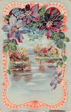 1912 Birthday PC - Lovely Clematis & Forget-Me-Nots Above Scene of Home on River picture