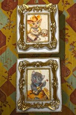 Set Of 2 Vintage Anthropomorphic Kitty Cat Rodeo Kitschy Wall Art MCM 5”X4” picture