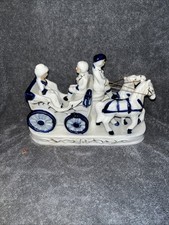 Vintage Porcelain Horse Drawn Carriage Figurine Blue White picture