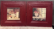 2 Vintage Kathryn White Ceiling Tin 12” x 12” Magnetic Art On Red Painted Metal picture