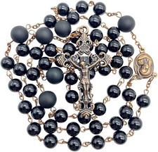 Catholic Onyx Rosary Black Beads Necklace Holy Soil Medal Vintage Cross Crucifix picture