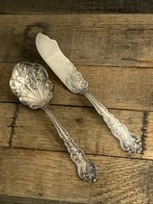 Antique Grape Pattern Berry Spoon & Butter Knife Serving Set Silver Tone 2 Pc picture